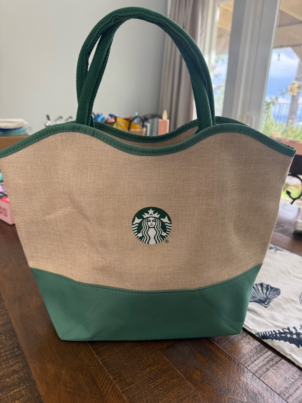Starbucks Natural Canvas Tote with Green Trim and Logo - Picture 8 of 9